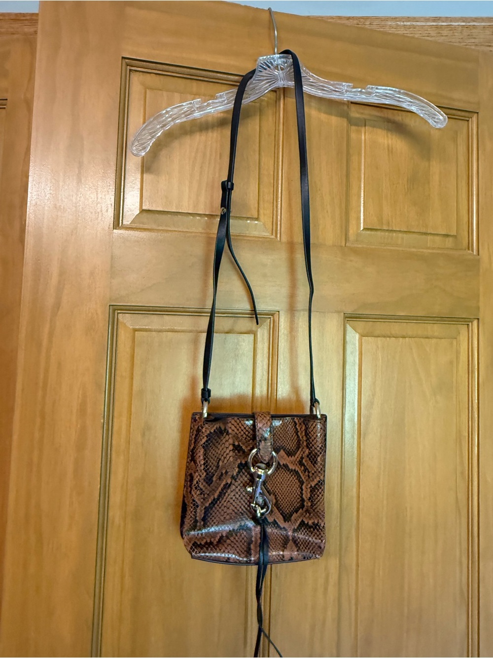 Rebecca Minkoff Brown Snake-Print Crossbody with Black Strap and Gold Hardware
